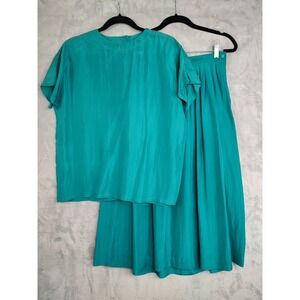 Jessica Ltd Teal Silk Pleated Skirt Top Set Women's Size 8